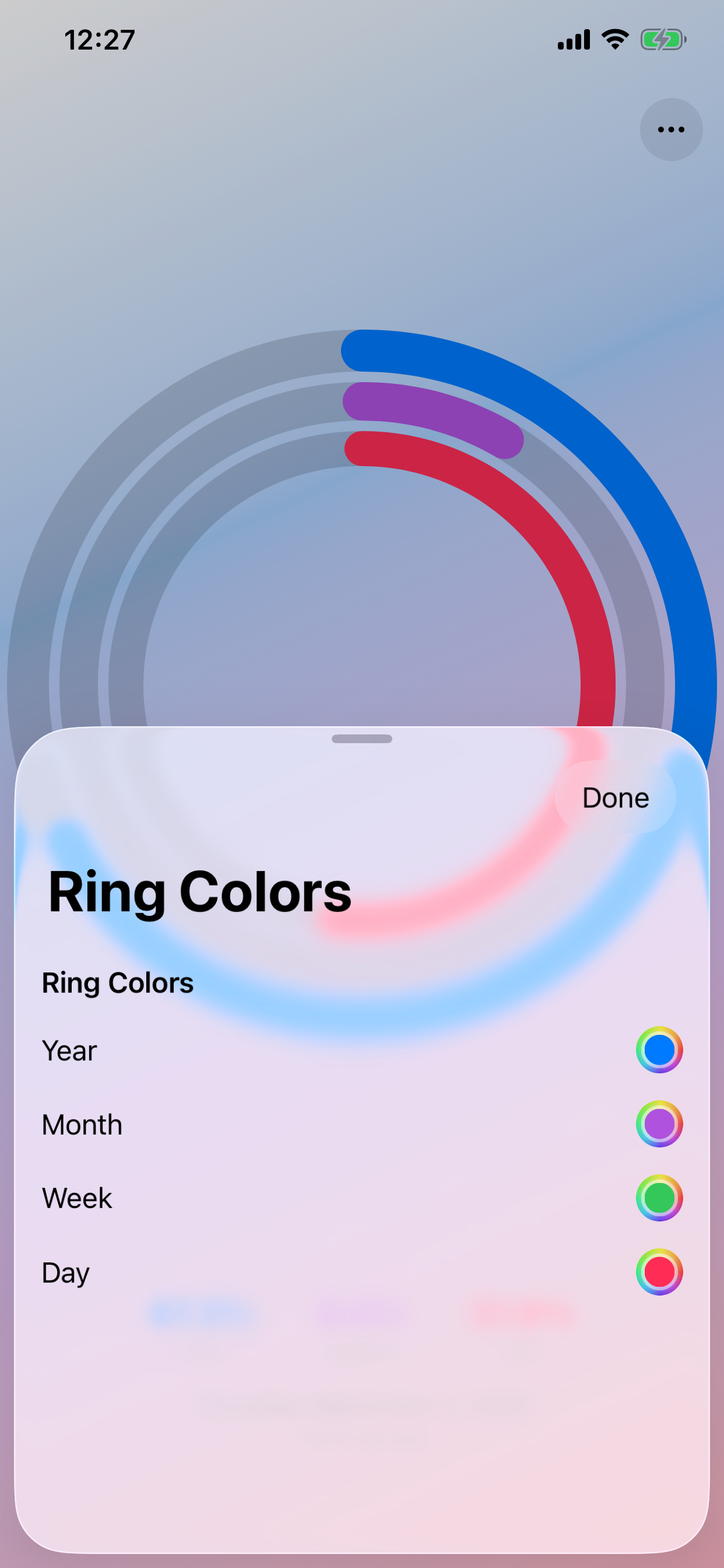 TimeProgress Ring Colors screen with separate colors for year, month, week, and day.