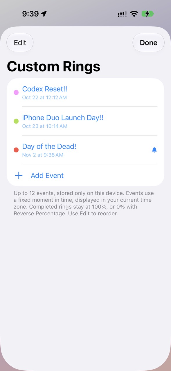 TimeProgress Custom Rings screen showing three named events, their dates, and an Add Event button.