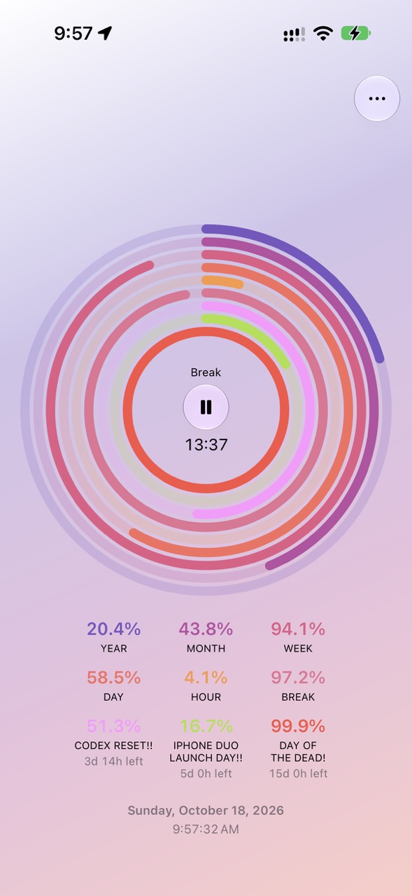 TimeProgress with an active Break timer, a pause button, and 13 minutes 37 seconds remaining.