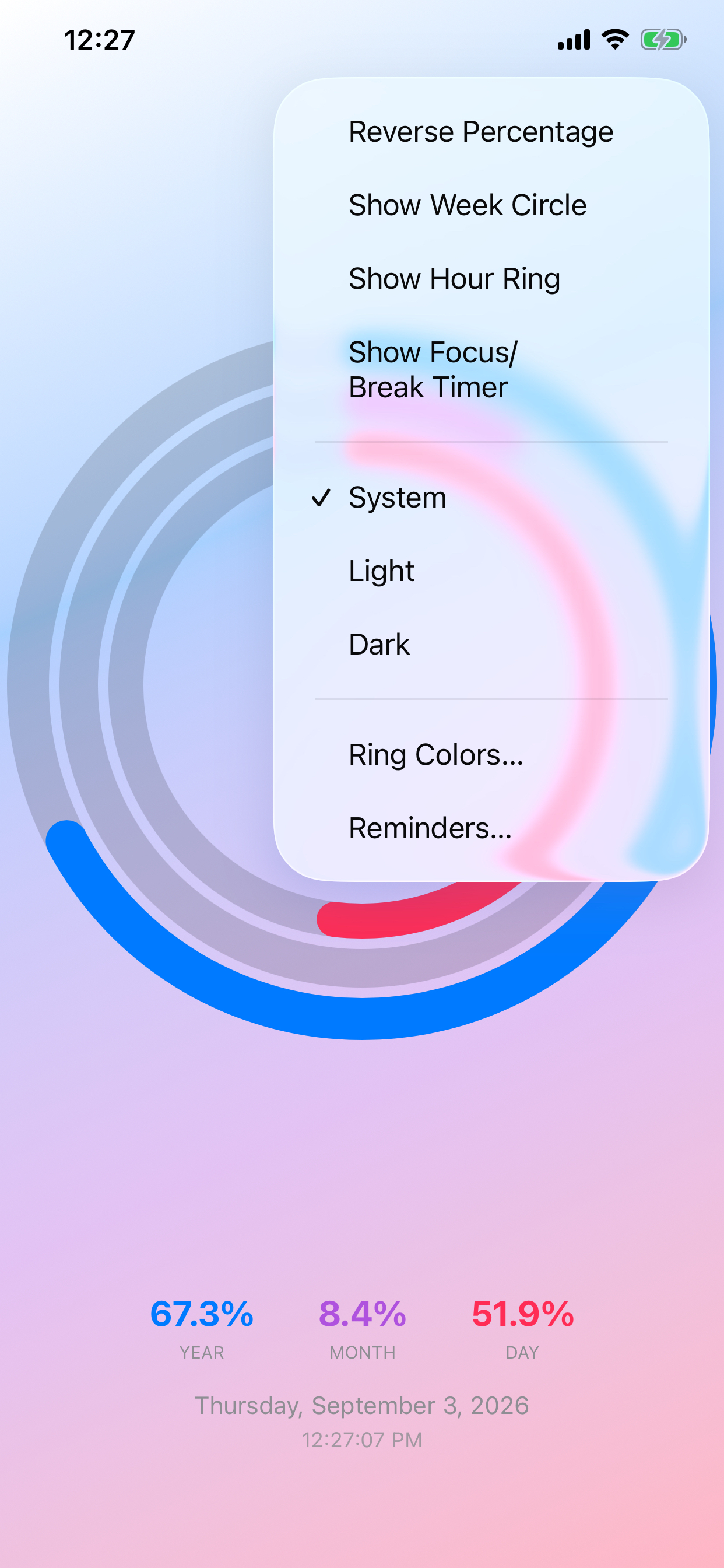 TimeProgress options menu with controls for reverse percentages, showing the week and hour rings, Focus/Break timer, and ring colors.