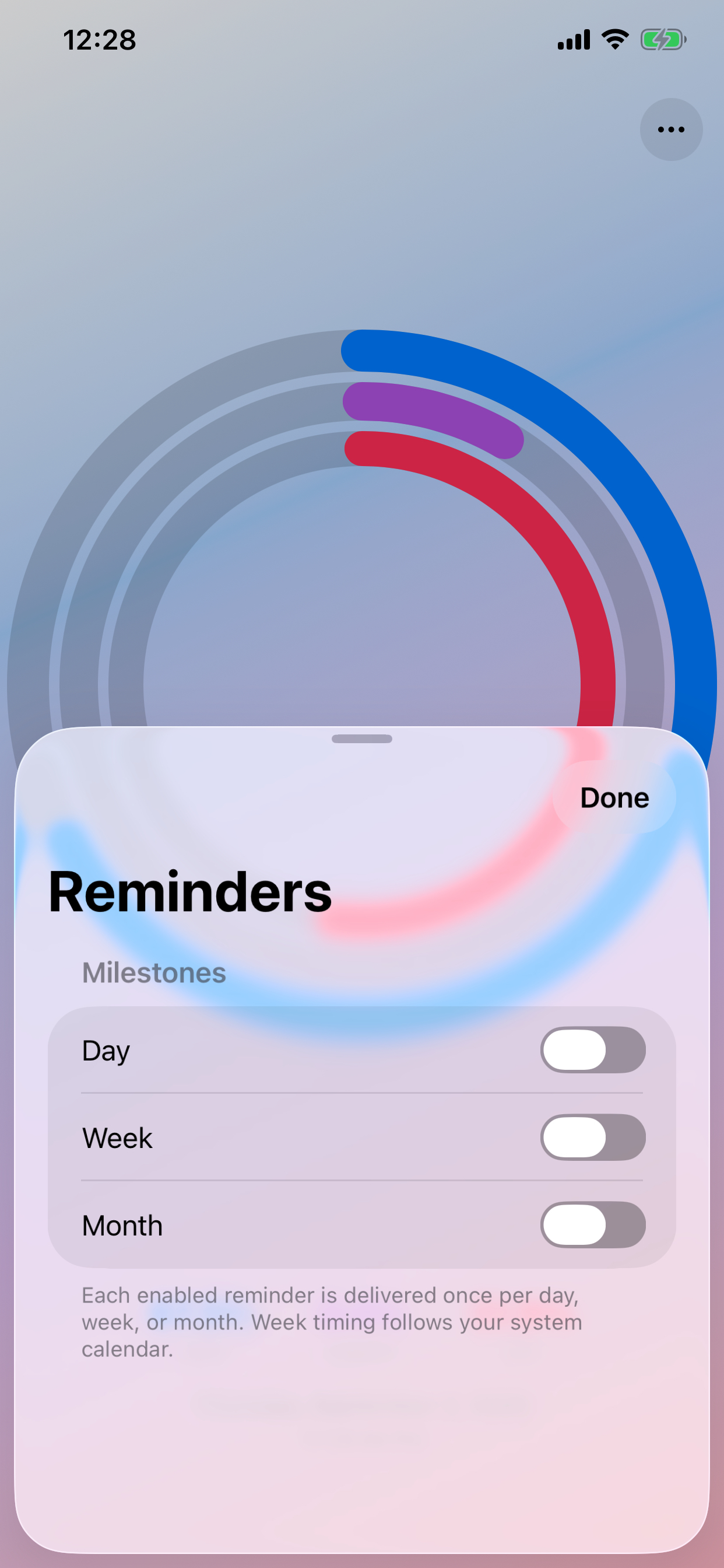 TimeProgress reminder settings for day, week, and month milestones.