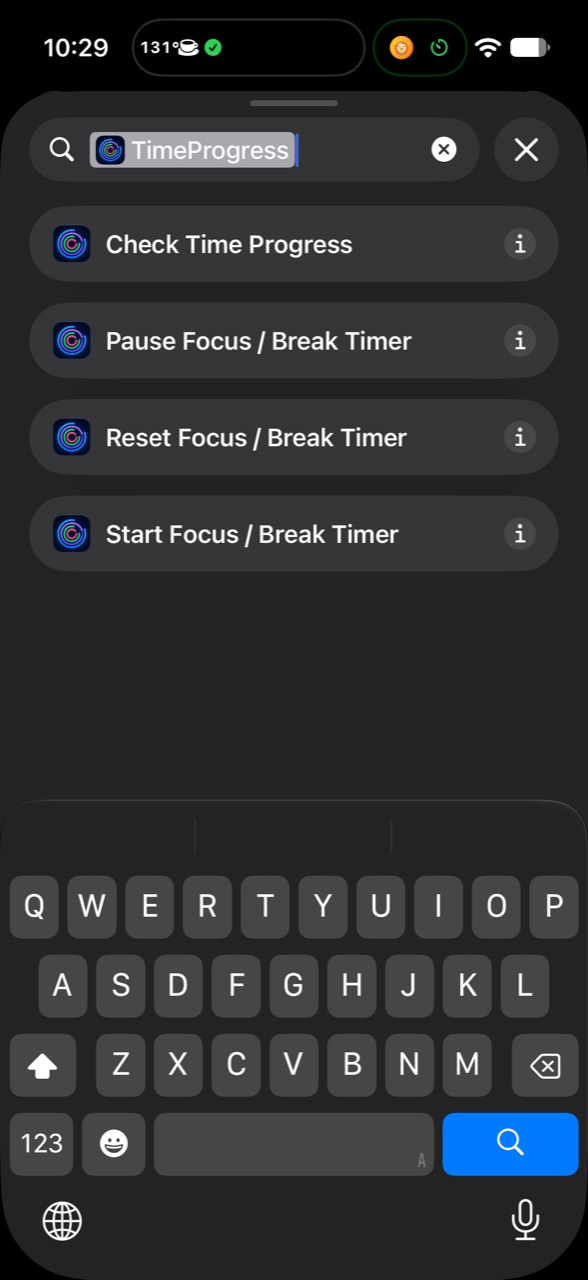TimeProgress actions in Shortcuts: Check Time Progress, Pause Focus / Break Timer, Reset Focus / Break Timer, and Start Focus / Break Timer.